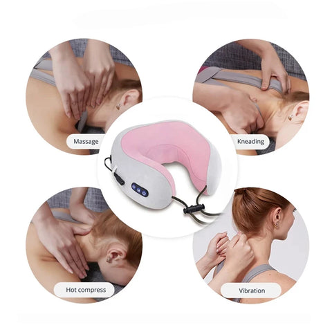 Image of Almohada de masaje multifuncional en forma de U, masajeador eléctrico portátil para cuello, hombros, cervicales, viaje, casa, coche, relajación